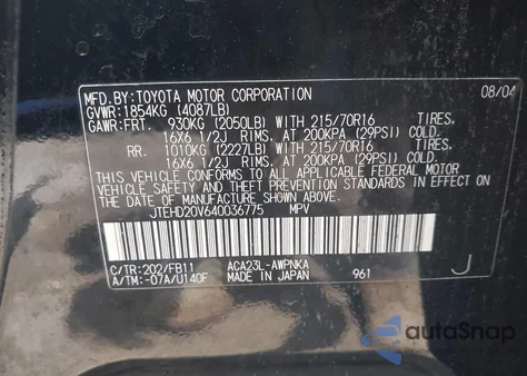 2004 Toyota Rav4 from USA, damaged, VIN JTEHD20V640036775